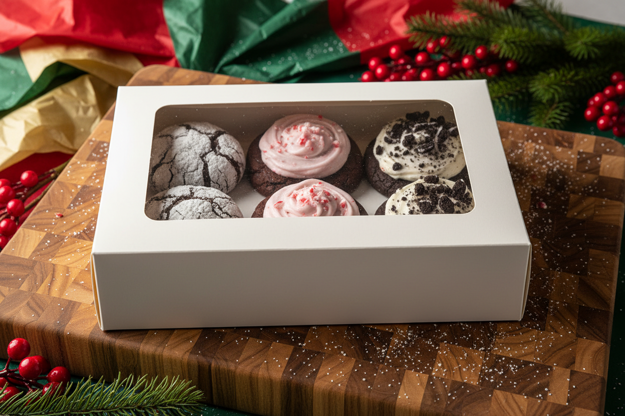 Can you keep the white cookie box and the cookies inside the same but use the background from 9 prompts ago?